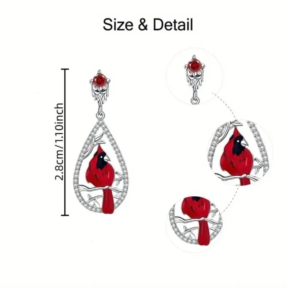 Red Cardinal Silver Diamond Earrings - Picture 4 of 4